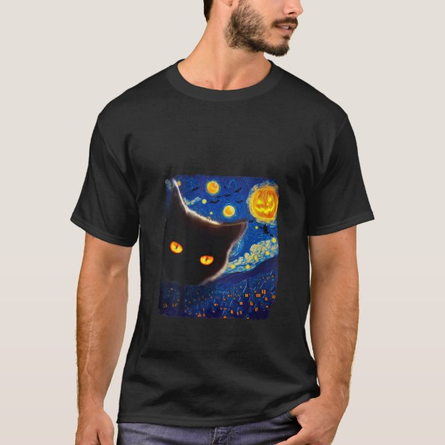 Womens Van Gogh Starry Night Cat Halloween Black C T-Shirt (Front)