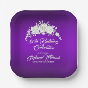Women's Vintage Purple White Rose 50th Birthday Paper Plate