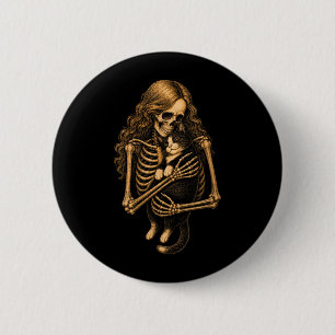 Womens Vintage Skeleton Hugging Tuxedo Cat 6 Cm Round Badge