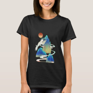 Womens White Bird Snow Crane Sunset Chinese Painti T-Shirt