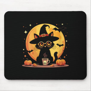 Womens Witch Cat With Coffee And Pumpkins Under Fu Mouse Pad