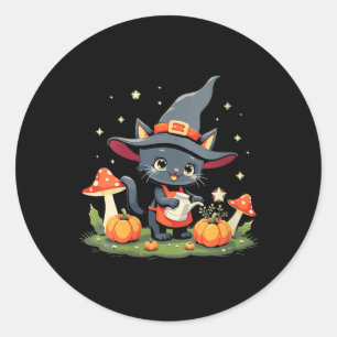 Womens Witchy Black Cat Watering Magical Pumpkins Classic Round Sticker