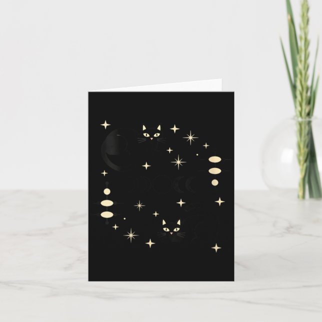 Womens Witchy Moon Phases Cat Celestial Black Cat Card (Front)