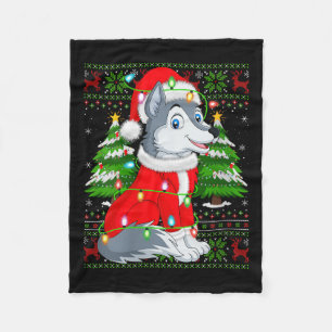 Womens Wolf Christmas Lights Santa Costume Ugly Xm Fleece Blanket