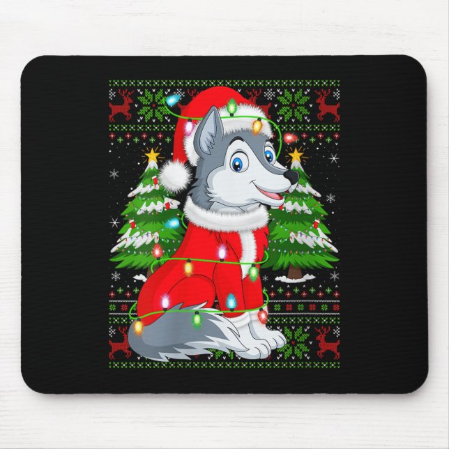 Womens Wolf Christmas Lights Santa Costume Ugly Xm Mouse Pad (Front)