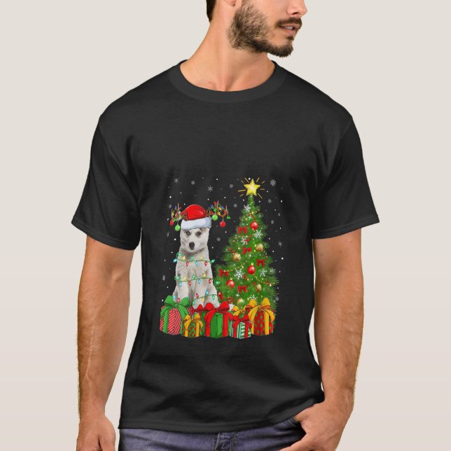 Womens Xmas Holiday Lights Santa Siberian Husky Do T-Shirt (Front)