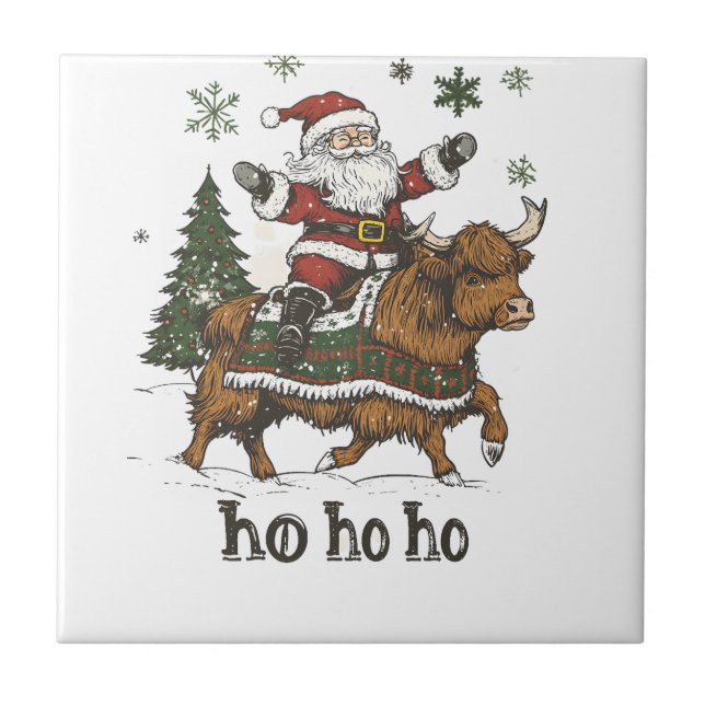 Womens Xmas Tree Lighting Santa Riding Highland Co Ceramic Tile (Front)