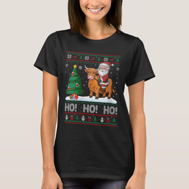 Womens Xmas Tree Lighting Santa Riding Highland Co T-Shirt (Front)
