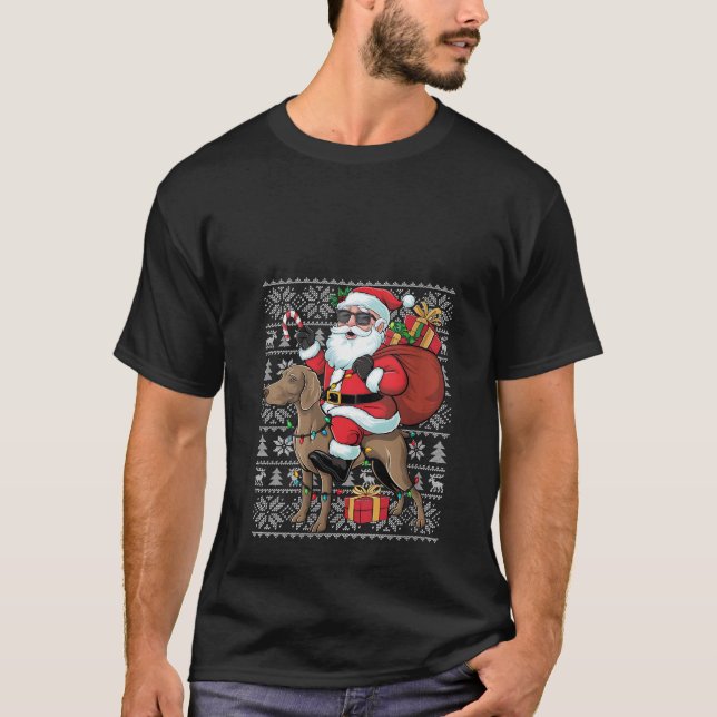 Womens Xmas Ugly Santa Riding Rhodesian Ridgeback  T-Shirt (Front)
