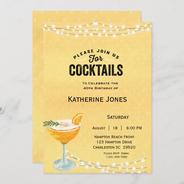 Women's Yellow 40th Birthday Cocktail Party  Invitation (Front/Back)