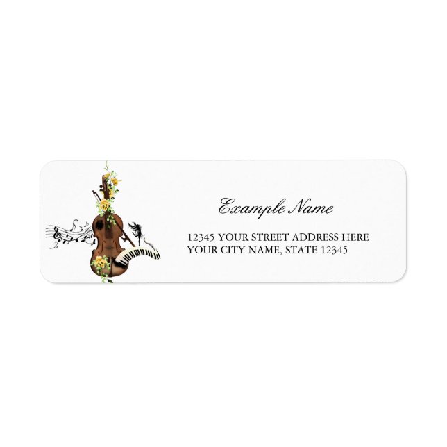 Wondeful violin with piano and flowers return address label (Front)