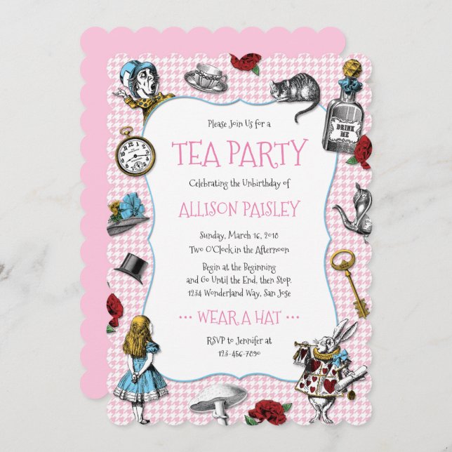 Wondeland Party Pink Houndstooth Invitation (Front/Back)