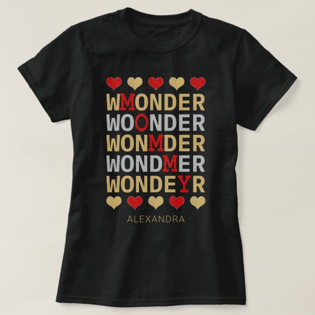 Wonder Mummy Red Gold Silver Glitter Custom Name T-Shirt (Design Front)
