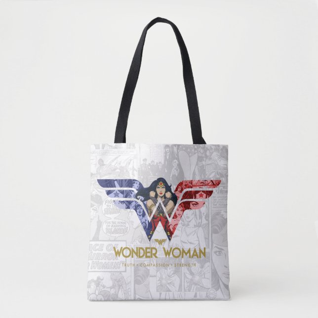 Wonder Woman Crossed Arms in Logo Collage Tote Bag (Front)