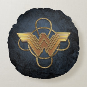 Wonder Woman Gold Symbol Over Lasso Round Cushion