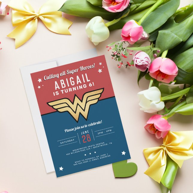 Wonder Woman Golden Logo Birthday Invitation (Card on table)