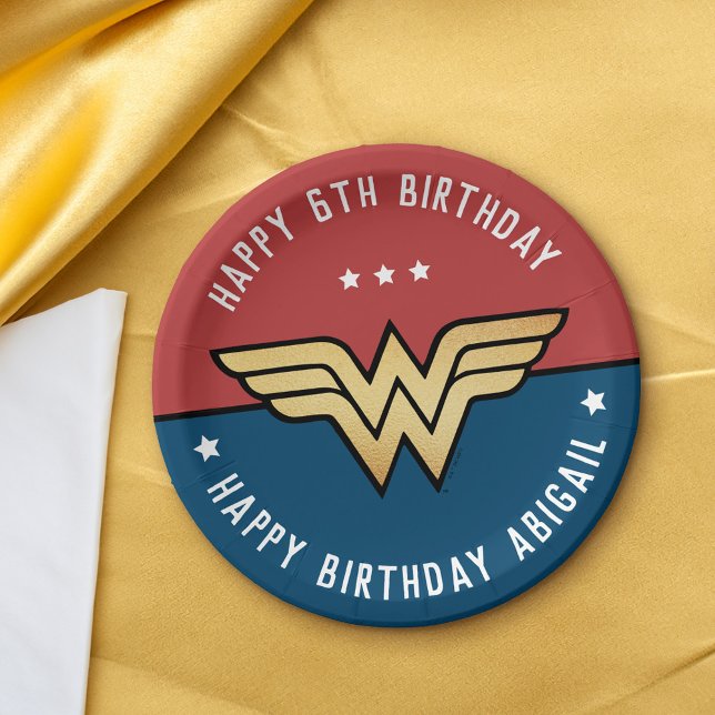 Wonder Woman Golden Logo Birthday Paper Plate (Paper plate on table)