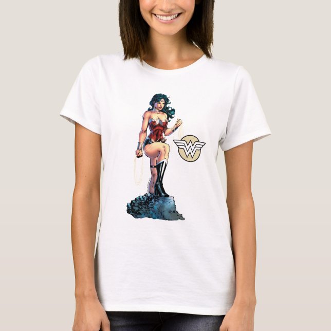 Wonder Woman Gripping Lasso Atop Rock T-Shirt (Front)
