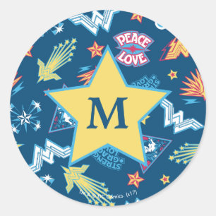 Wonder Woman Icons & Phrases Pattern   Monogram Classic Round Sticker