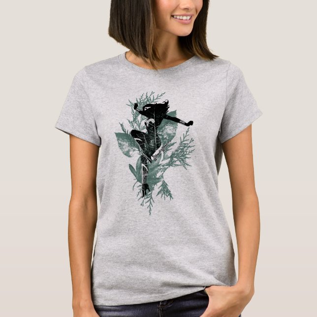 Wonder Woman Landing Foliage Graphic T-Shirt (Front)