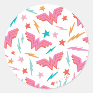 Wonder Woman Pink Logo and Lightning Pattern Classic Round Sticker