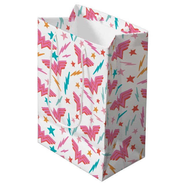 Wonder Woman Pink Logo and Lightning Pattern Medium Gift Bag (Front Angled)