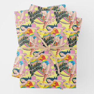 Wonder Woman Retro Flowers Wrapping Paper Sheet