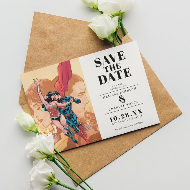 Wonder Woman & Superman Save the Date Invitation (Invitation on table)