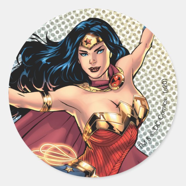 Wonder Woman Wearing Cape Classic Round Sticker (Front)