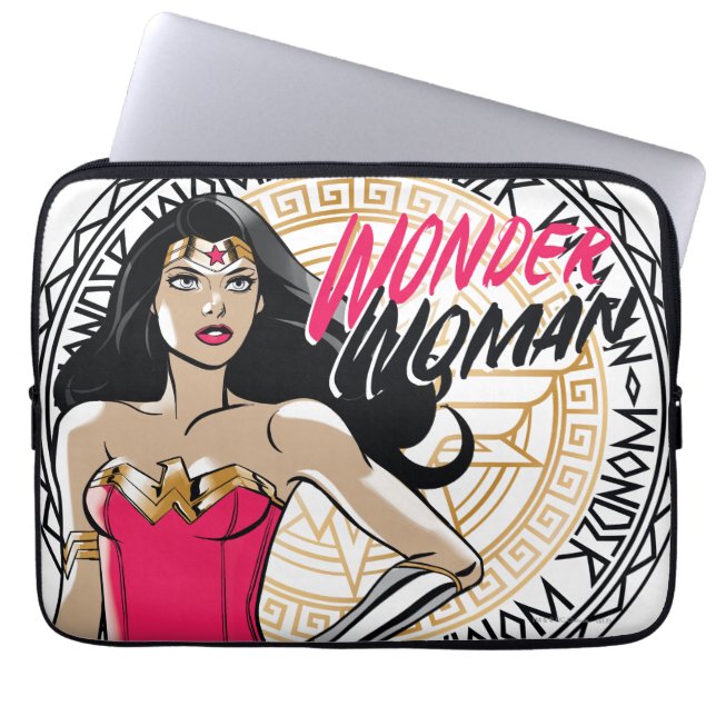 Wonder Woman With Greek Tribal Emblem Laptop Sleeve (Front)