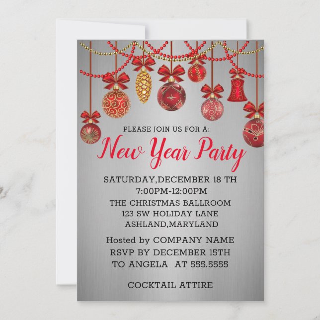 Wonderful, Amazing Red Balls New Year Invitation (Front)