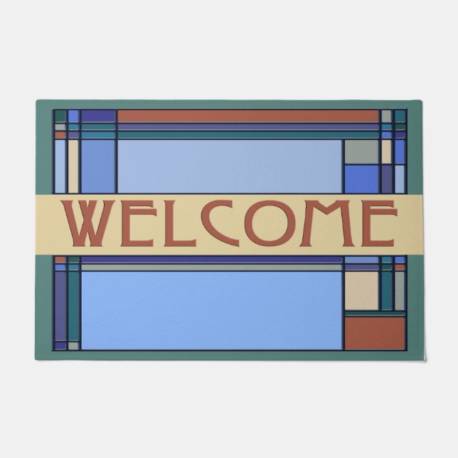 Wonderful Arts & Crafts Geometric Patterns in Blue Doormat (Front)
