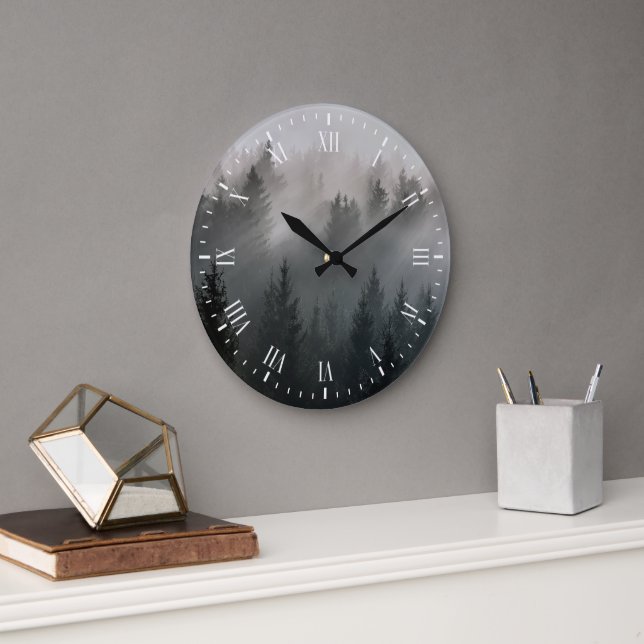 Wonderful black and white dawn mountains large clock (Office)