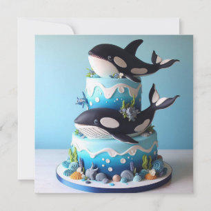 WONDERFUL BLACK & WHITE ORCA WHALE BIRTHDAY CAKE CARD