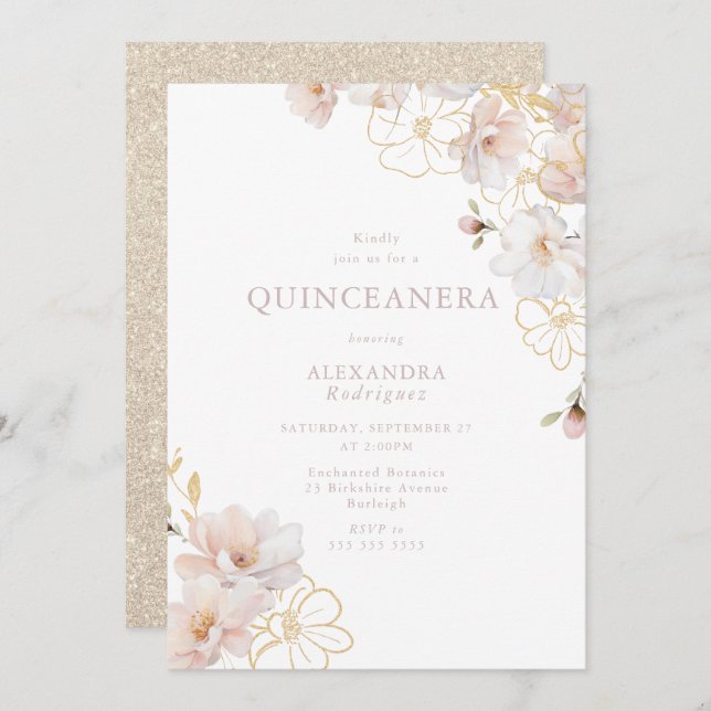 Wonderful Blush & Gold Enchanted Quinceanera Invitation (Front/Back)