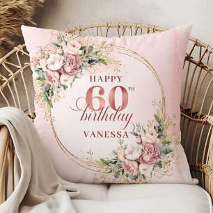 Wonderful Blush Pink Greenery Floral 60th birthday Cushion