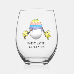 Wonderful chickens paint an Easter egg Stemless Wine Glass