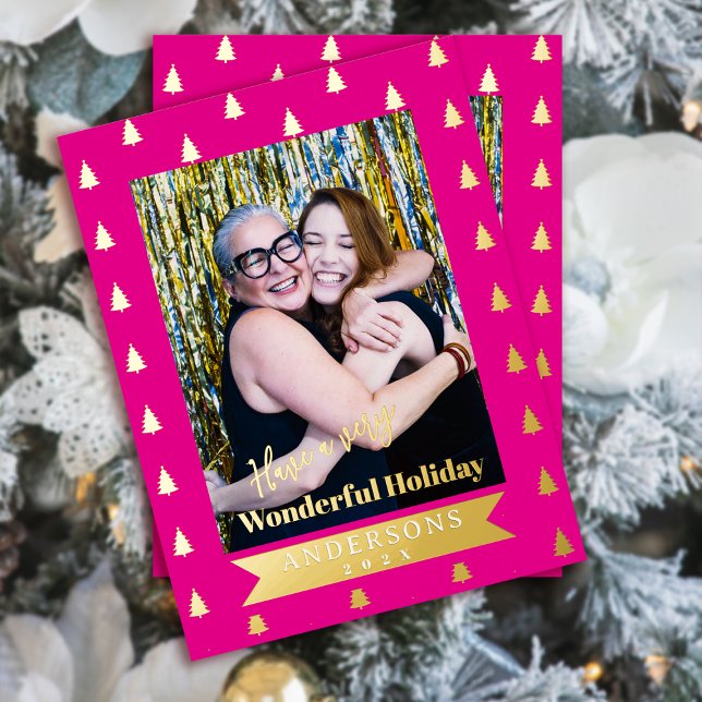 Wonderful Christmas Photo Hot Pink Foil Holiday Postcard (Wonderful Christmas Photo Red Foil Holiday Postcard)