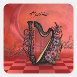 Wonderful harp with colourful flowers. square sticker
