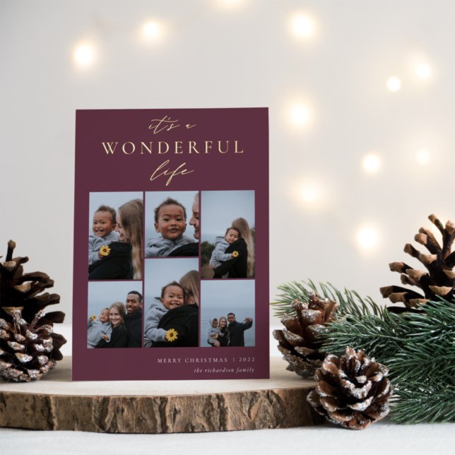 Wonderful Life | 6 Photo Collage Christmas Foil Holiday Card (Creator Uploaded)