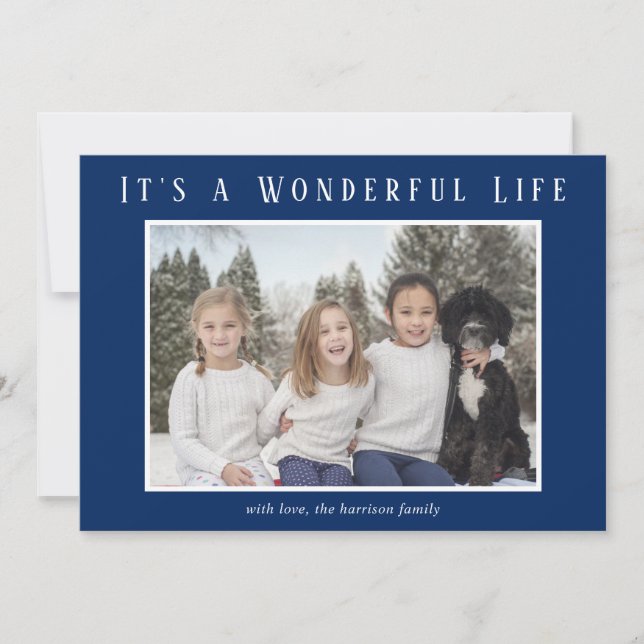 Wonderful Life Blue Photo Modern Christmas Holiday Card (Front)