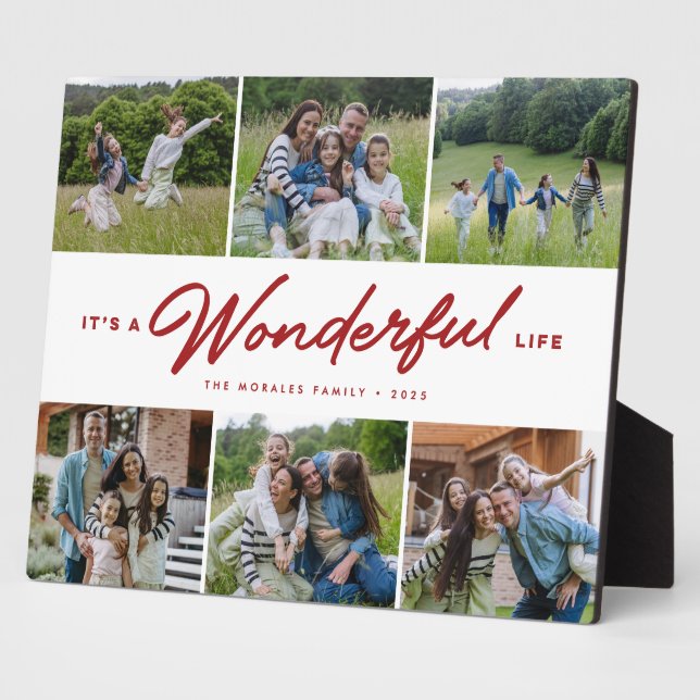 Wonderful life dark red six photo family collage plaque (Side)