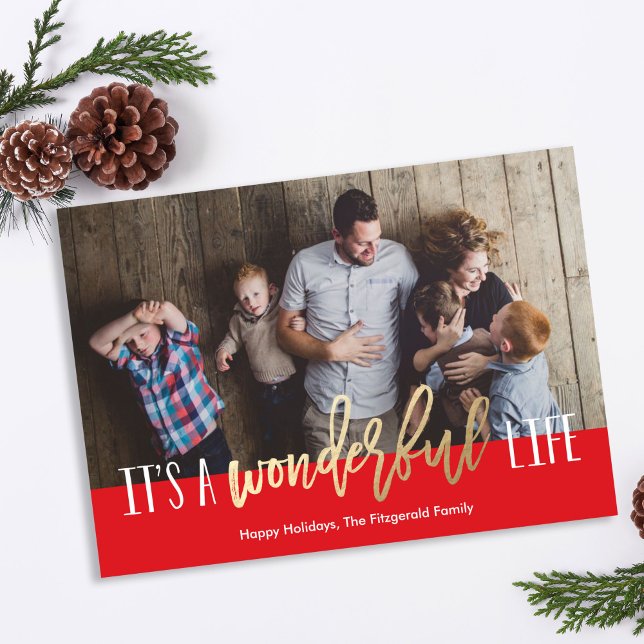 Wonderful Life Red Faux Foil Gold Holiday Card (Creator Uploaded)