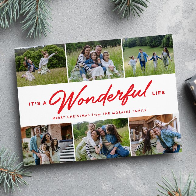 Wonderful life red six photo collage Christmas Holiday Card (Creator Uploaded)