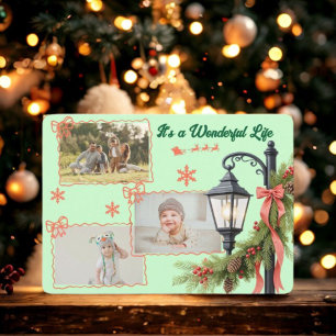Wonderful Life Three Photo Green Christmas Holiday Card