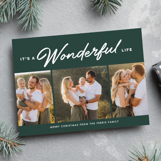 Wonderful life three photo green Christmas  Holiday Card (Creator Uploaded)