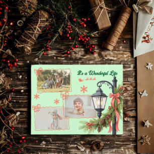 Wonderful life three photo green Christmas Holiday Postcard
