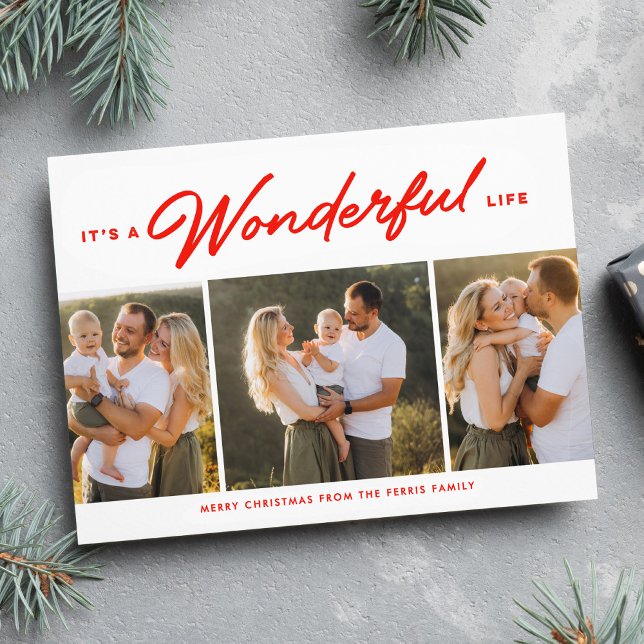 Wonderful life three photo red Christmas Holiday Card (Creator Uploaded)