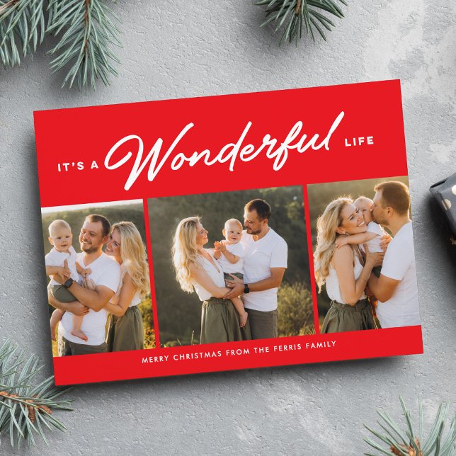 Wonderful life three photo red Christmas Holiday Card (Creator Uploaded)
