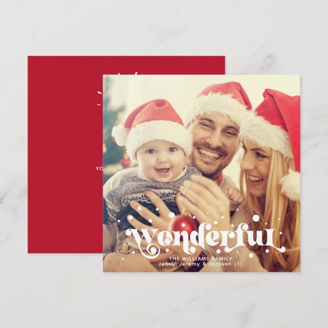 Wonderful | Modern Boho Retro Text Family Photo Holiday Card (Front/Back)